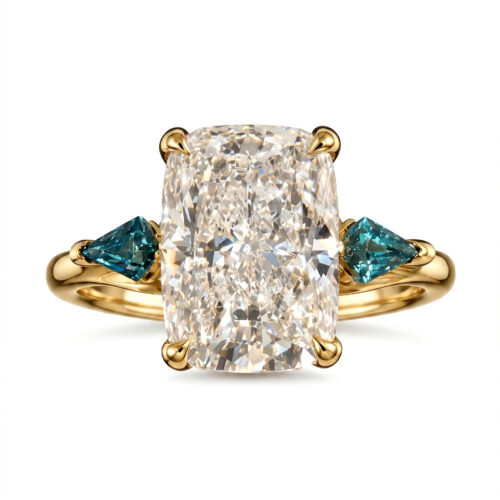 3 Carat Elongated Cushion Lab Diamond & Kite Blue Zircon Ring
