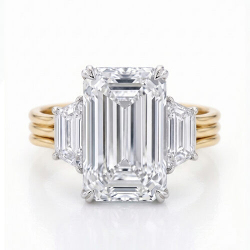 3 Carat Emerald Lab Diamond & Trapezoid Trinity Ring