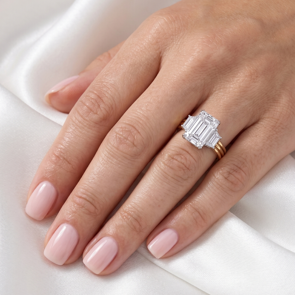 3 Carat Emerald Lab Diamond & Trapezoid Trinity Ring - Image 2