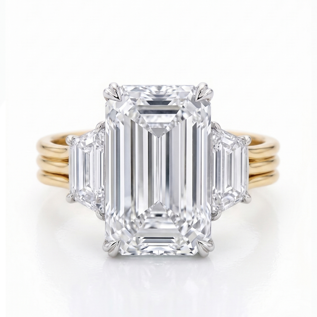 3 Carat Emerald Lab Diamond & Trapezoid Trinity Ring