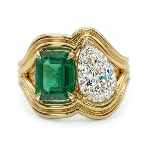 2.50 ctw Green Emerald & Pear Diamond Groovy Toi Et Moi Ring