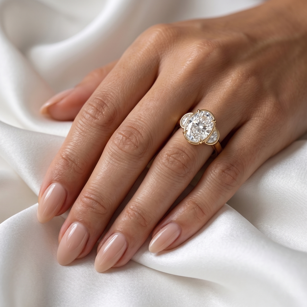 3 Carat Oval Lab Diamond Illusion Bezel Trio Ring - Image 3