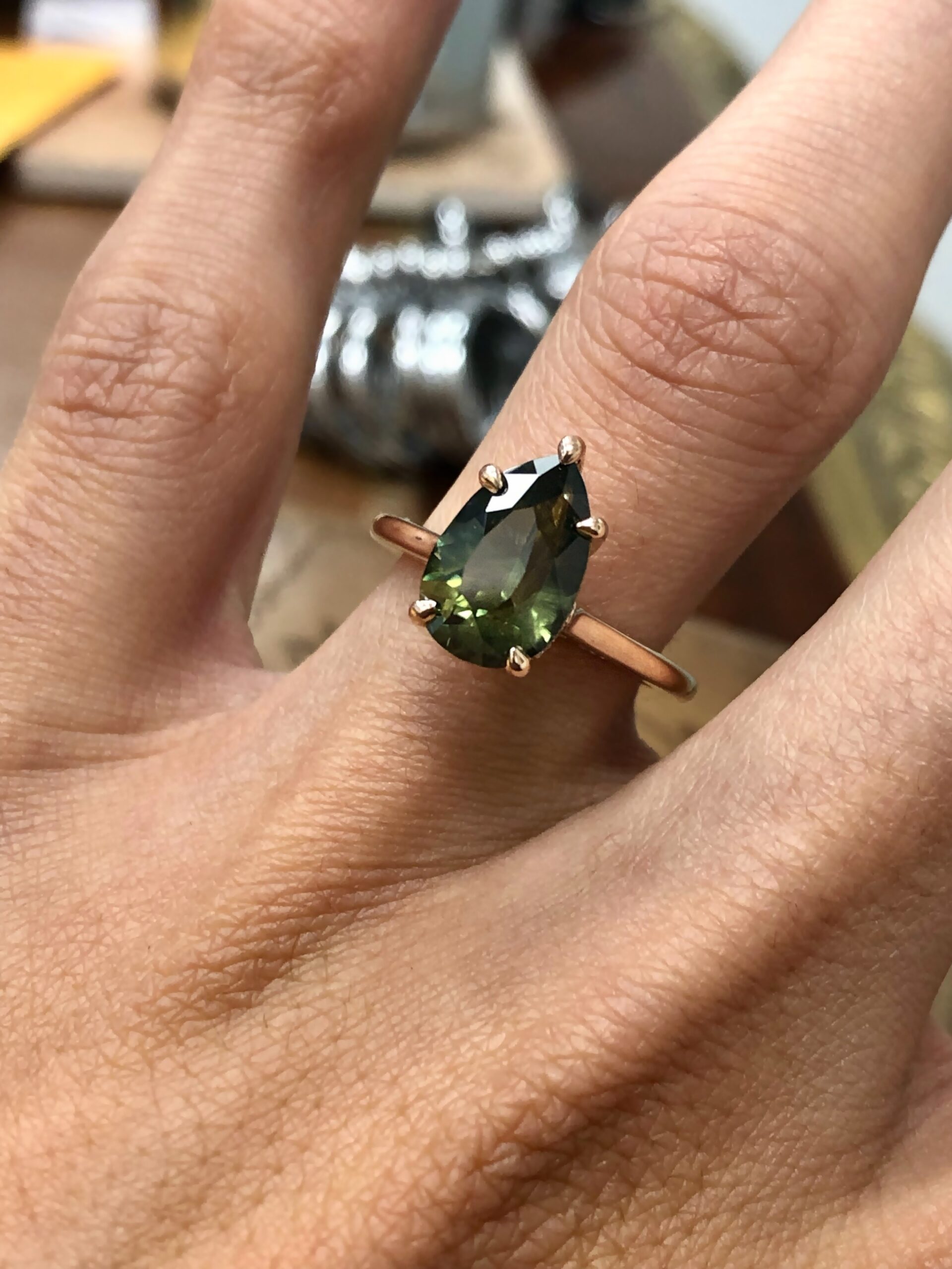 3 Carat Pear Green Sapphire & Diamond Hidden Halo Pave Bridge Ring - Image 4
