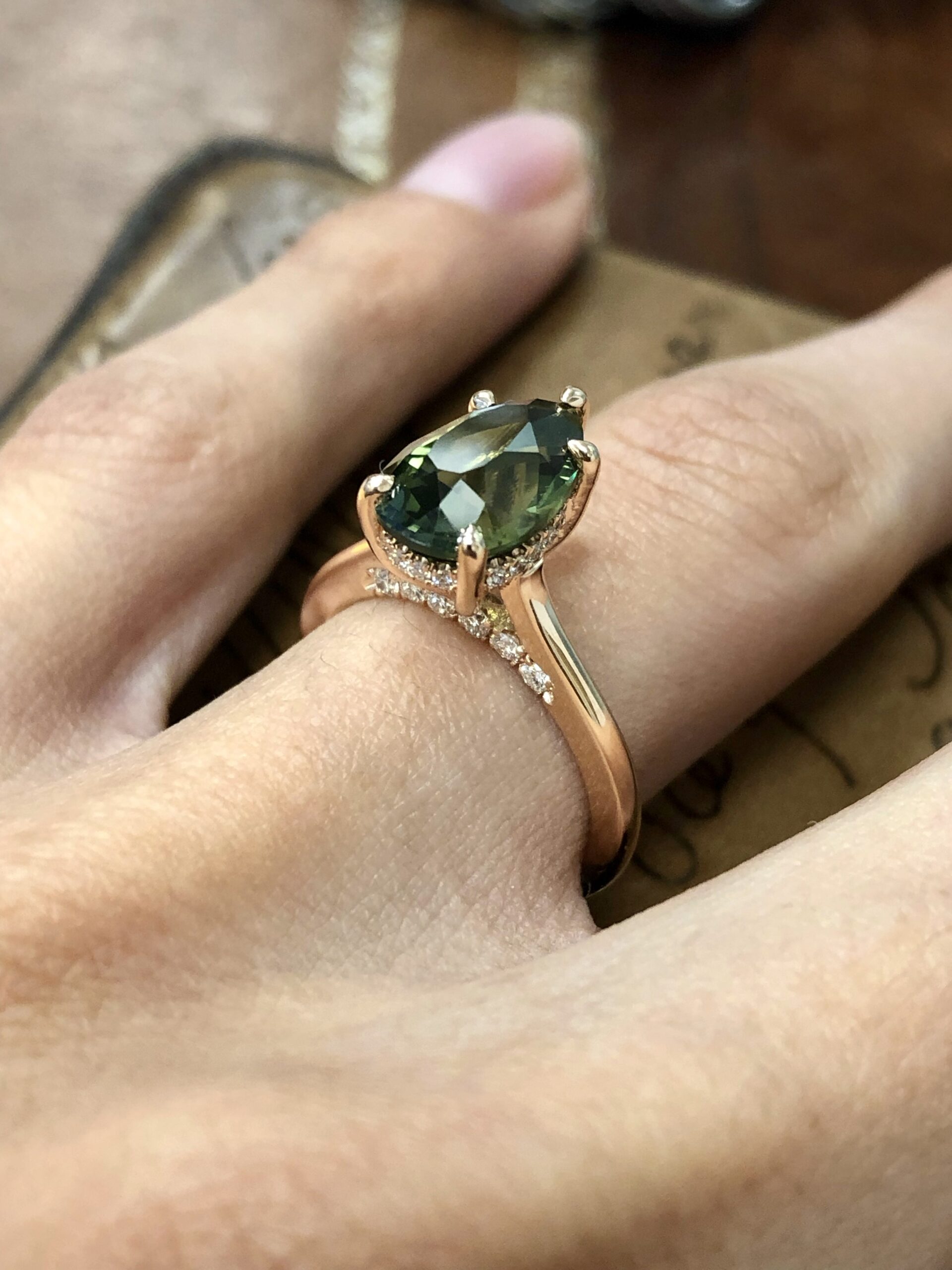 3 Carat Pear Green Sapphire & Diamond Hidden Halo Pave Bridge Ring - Image 5
