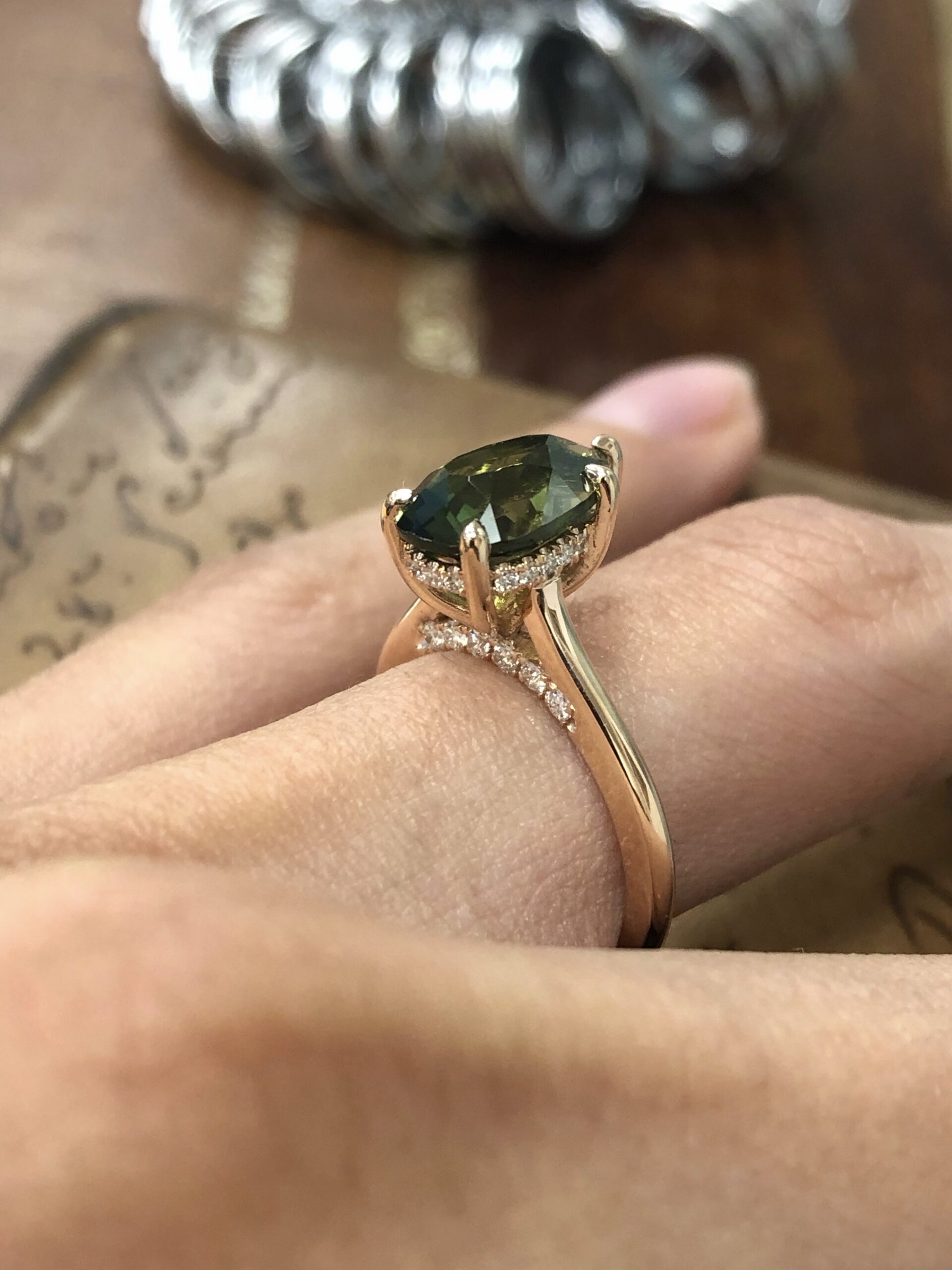 3 Carat Pear Green Sapphire & Diamond Hidden Halo Pave Bridge Ring - Image 6