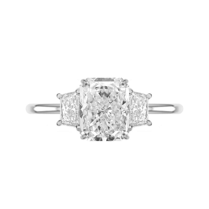 2.96 CTW DEW Radiant Forever One Moissanite Trapezoid Accent Three Stone  Ring in Platinum | Charles & Colvard
